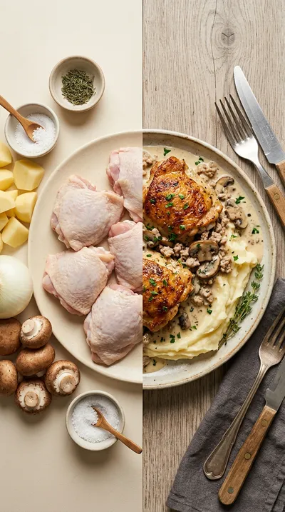 Creamy Chicken Thighs with Turkey Mushroom Thyme Sauce - ready to serve
