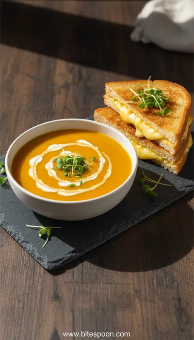 Butternut Squash Soup with Coconut Milk and Grilled Cheese - ready to serve