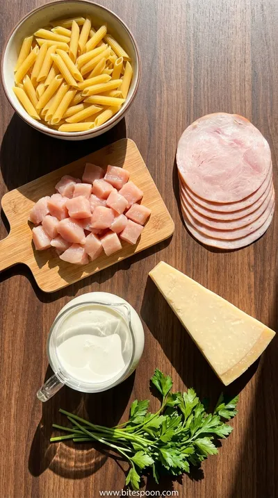 Creamy Pasta with Chicken & Turkey Ham Recipe - ingredients preparation