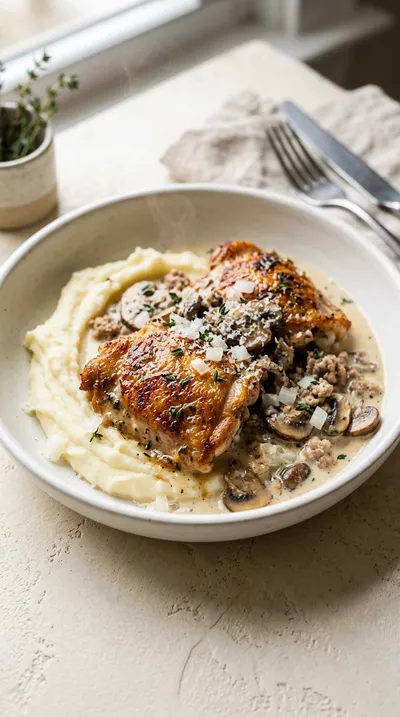 Creamy Chicken Thighs with Turkey Mushroom Thyme Sauce