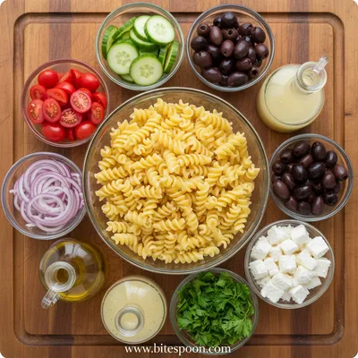 Greek Pasta Salad with Feta Cheese – Easy Recipe - ingredients preparation