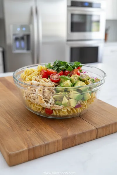 Healthy Chicken Pasta Salad with Avocado, Tomato & Basil