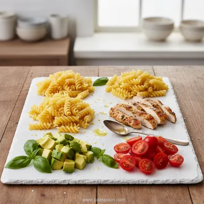 Healthy Chicken Pasta Salad with Avocado, Tomato & Basil - cooking process