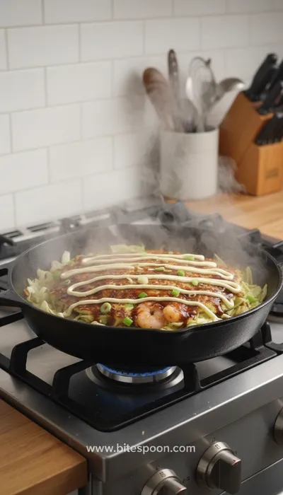 Okonomiyaki: Japanese Savory Pancake Recipe - cooking process