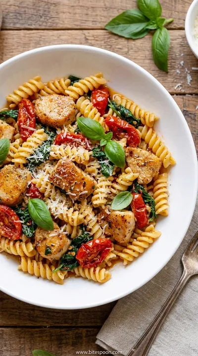 Tomato Spinach Chicken Pasta: Quick & Easy Recipe - ready to serve