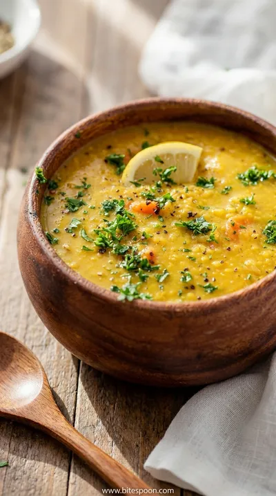 Hearty Vegan Lentil Soup with Zesty Lemon and Turmeric - ready to serve