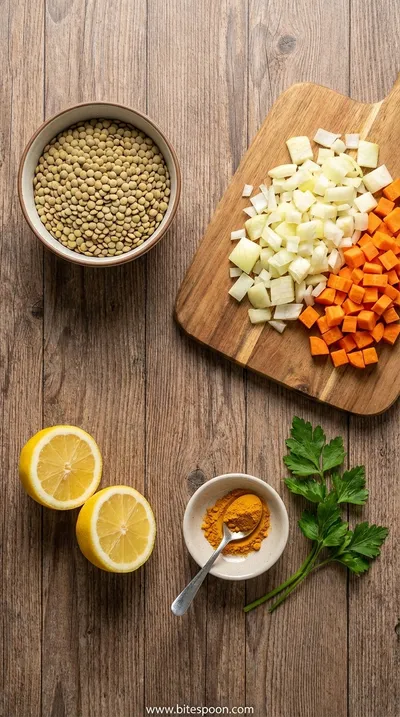 Hearty Vegan Lentil Soup with Zesty Lemon and Turmeric - ingredients preparation