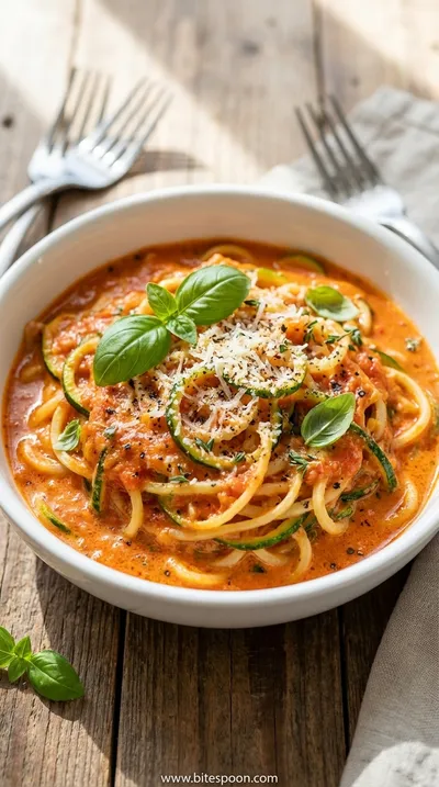 Zucchini Noodles in Creamy Tomato Sauce Recipe - ready to serve